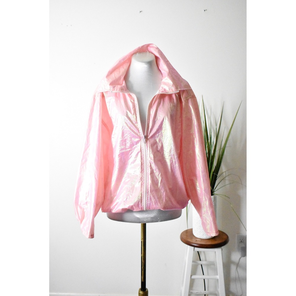 Sass Windbreaker Jacket Women M Pink 80s Iridescent Metallic Zip Up Made in USA